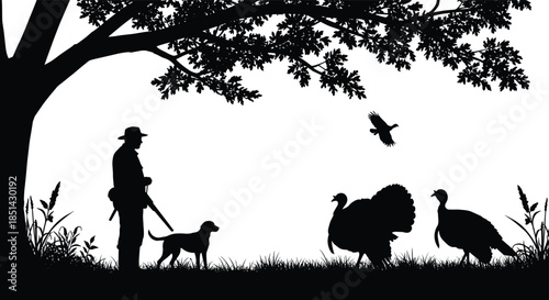 Hunter with rifle silhouette, dog companion, turkey wildlife scene, forest tree background, outdoor hunting illustration, nature design, black and white artwork