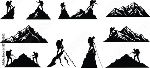 Mountain climbing silhouettes with gear and peaks, adventure sport illustration, summit achievement design for outdoor fitness, hiking, and motivation