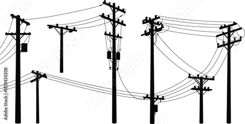 Silhouette of multiple electric poles with transformers and power lines, high voltage electricity infrastructure for industrial urban energy background