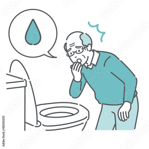 トイレで「血便・出血」を確認して驚愕する高齢男性のイラスト（吹き出し・大腸がん・血尿）