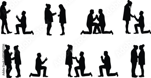 Romantic couple proposal silhouette, man proposing to woman with engagement ring, love, romance, wedding moment, vector illustration, emotional art