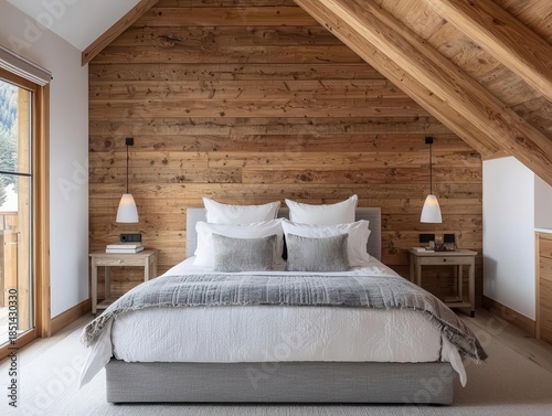 Wallpaper Mural Rusticmodern attic bedroom with sloped ceiling and minimalist decor Torontodigital.ca