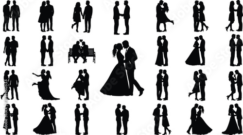 Romantic couple silhouettes featuring wedding poses, dancing moments, intimate hugs, and standing pairs, perfect for love, romance, and relationship illustrations.