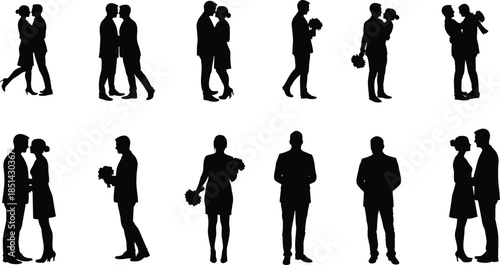 Romantic couple silhouettes, love poses, wedding moments, emotional connection, black figures, minimal design, relationship art, elegant romantic illustration