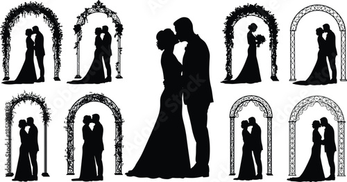 Romantic wedding couple silhouette under floral arch, bride and groom kissing, elegant love ceremony, marriage celebration, romantic vector art illustration.
