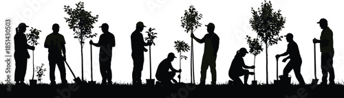 Silhouette of people planting trees together, teamwork for environmental conservation, nature care, sustainability, ecology, reforestation, green earth, 