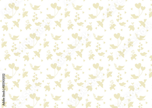 ハートと鳥のシルエットのシームレスパターン素材（ベージュ）