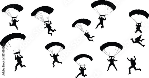 Silhouette of skydivers with parachutes in air, extreme adventure sport symbolizing freedom, courage, thrill, teamwork, and outdoor excitement.