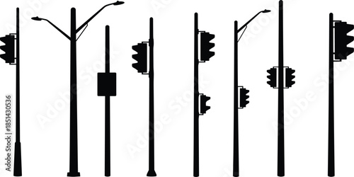 Silhouette of traffic light poles and street lamps, urban infrastructure, city road safety, modern transportation control, public lighting system design.