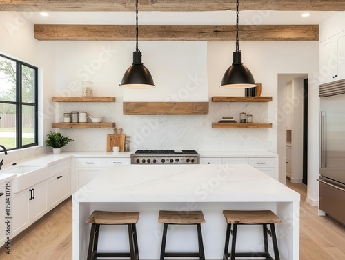 White modern farmhouse kitchen with rustic charm and minimalist details