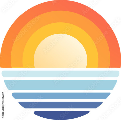 Minimalist flat vector illustration of a sunset over the ocean horizon, representing closing time, end of day, and relaxation. Generative AI