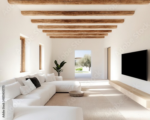 Minimalist farmhouse interior with exposed rafters and clean finishes