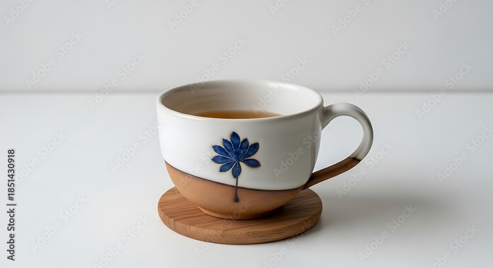 Fototapeta premium Tea cup with blue leaf.
