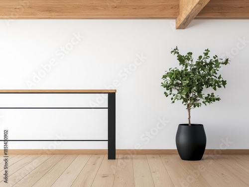 Farmhouse loft with modern railing, wooden beams, and cozy atmosphere