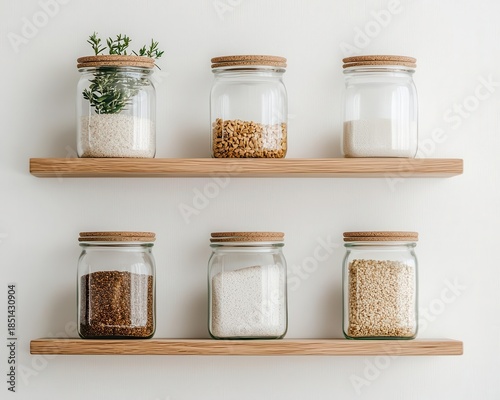 Clean and rustic farmhouse pantry with glass jars and open wood shelving