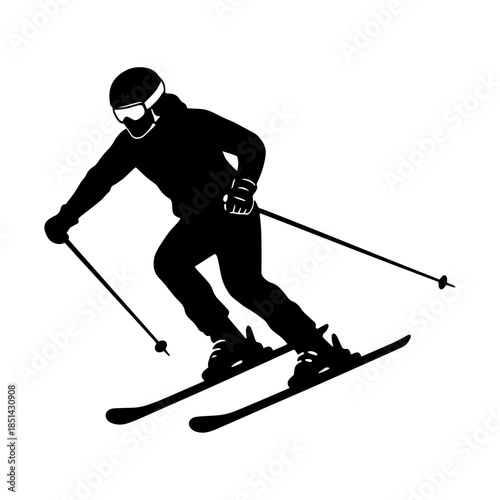 Black vector silhouette of alpine skier in dynamic downhill position. Features detailed ski equipment including poles, boots, and goggles. Perfect for winter sports designs, logos, and recreational gr