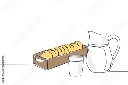 One line drawing of a wooden tray container box filled with cookies next to a pitcher and a glass of milk, showing quantity and refreshment breakfast. Celebrate National Peanut Butter Cookie Day event