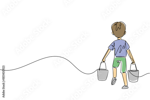 Continuous line drawing of a young boy walking away from the viewer, rear view. Struggling to carry two heavy buckets of water. The physical burden of child labor. World Day Against Child Labor event