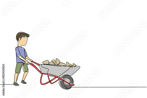 Single line drawing of a young boy pushing a heavy wheelbarrow filled with rocks and materials, illustrating intense manual labor unsuitable for a child. World Day Against Child Labor event