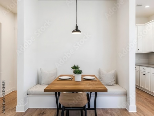 Modern farmhouse dining nook with cushioned seating and rustic table