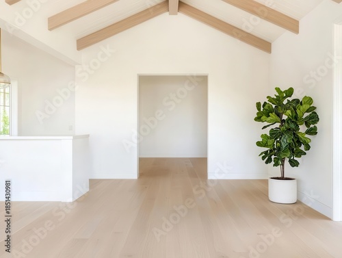 Openconcept rustic farmhouse with exposed beams, clean lines, and contemporary lighting