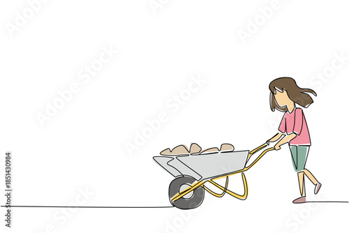 Single line drawing of girl pushing a heavy wheelbarrow with materials and rocks. Social concept of international event World Day Against Child Labor global protection initiative to get bright future