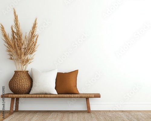 Cozy farmhouse nook with modern bench seating and woven textures