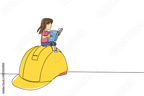 One line drawing of a girl reading a book sitting on a large yellow hard hat, an industry concept of international event World Day Against Child Labor education initiative.