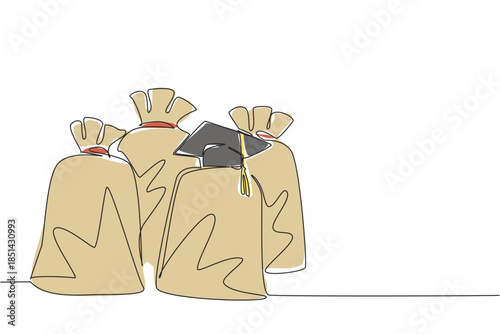 Single line draw of burlap money sack bag topped with a graduation cap, social concept for human rights. Symbolizing investment cost in school as an escape from poverty reduction and child protection