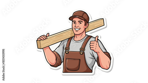 Happy Carpenter with Wood Plank and Thumbs Up Icon
