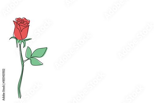 Continuous line drawing of vibrant red rose with a shorter stem and green leaves positioned to the left, symbolizing intimate charm and natural grace. Botanical floral concept of National Red Rose Day