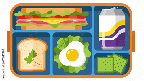 Healthy Lunchbox Flat Illustration: Sandwich, Egg, Toast, Drink & Crackers