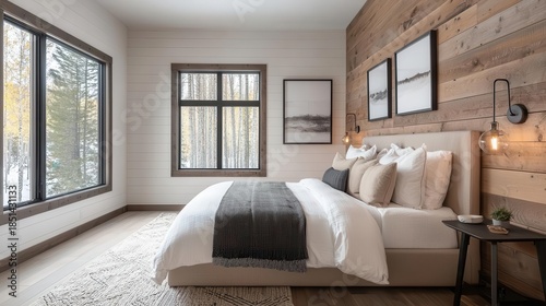 Cozy bedroom with modern farmhouse lighting and rustic walls