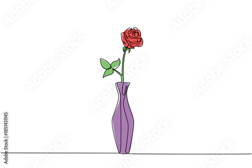 Single line drawing of a vibrant red rose standing alone in a purple slim and tall vase, symbolizing singular devotion and elegant simplicity. National Red Rose Day celebrating timeless beauty and aff