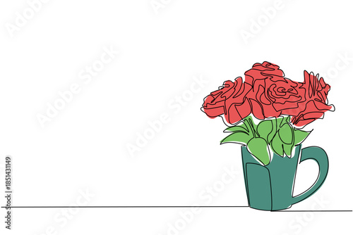 One line drawing of multiple red roses bouquet in a green mug, charming tabletop composition for National Red Rose Day symbolizing warmth, affection, casual gift, and everyday romance.