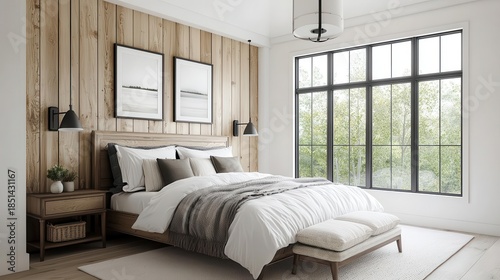 Cozy bedroom with modern farmhouse lighting and rustic walls