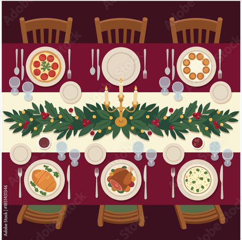 Festive Christmas dinner table top view. Holiday feast with roasted turkey, food, and decoration. Family dining celebration concept. Vector illustration.