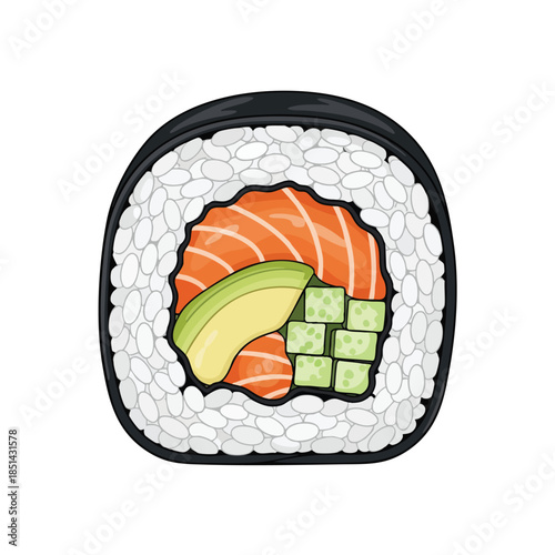 Digital illustration of a sushi roll with salmon, avocado, and cucumber filling