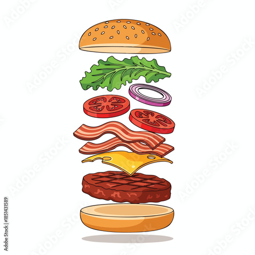 Cartoon burger illustration. All components of a burger are separated and floating