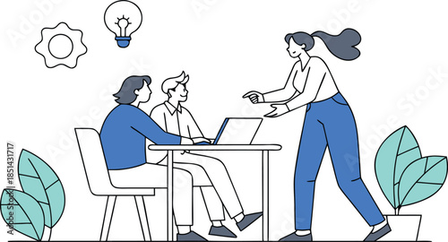 Team brainstorming with a laptop and lightbulb idea