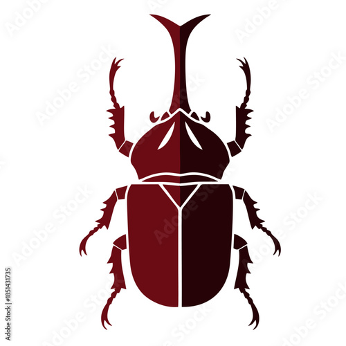 A stylized illustration of a rhinoceros beetle, depicted in a dark red silhouette with sharp, angular lines and a prominent horn.