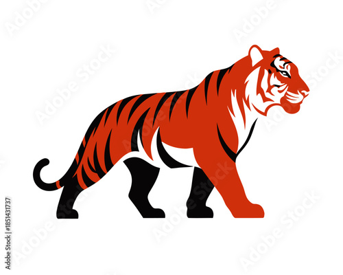 A stylized illustration of a tiger with orange and black stripes walking with its tail curled.