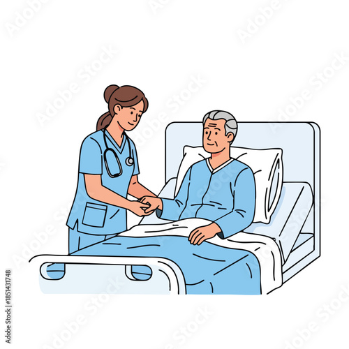 A nurse in scrubs holds the hand of an elderly man in a hospital bed