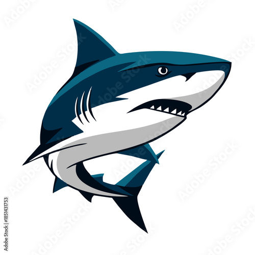 A menacing illustration of a great white shark with its mouth open, revealing sharp teeth.