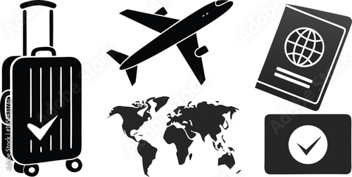 Travel icons including suitcase airplane passport and world map