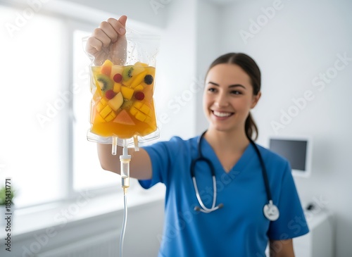 Smiling healthcare worker holds up a bag of vitamin-infused fruit solution