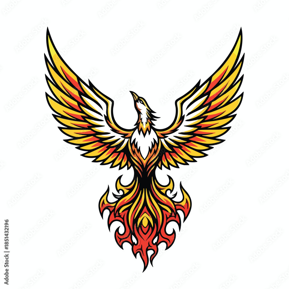 Obraz premium A colorful phoenix in a stylized design with wings spread on a white background
