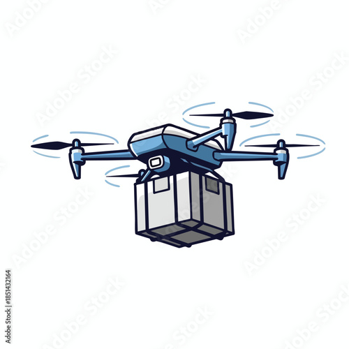 A blue drone carries a gray box in flight, cartoon style against a white background