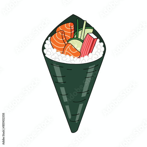 A hand-rolled sushi cone filled with salmon, rice, veggies, and imitation crab