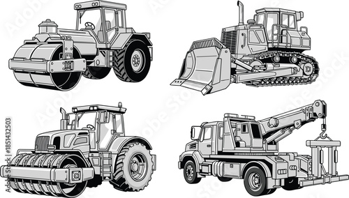 Heavy construction machinery illustration set, bulldozer, road roller and crane truck, industrial equipment artwork for engineering, building, transport and worksite project graphics